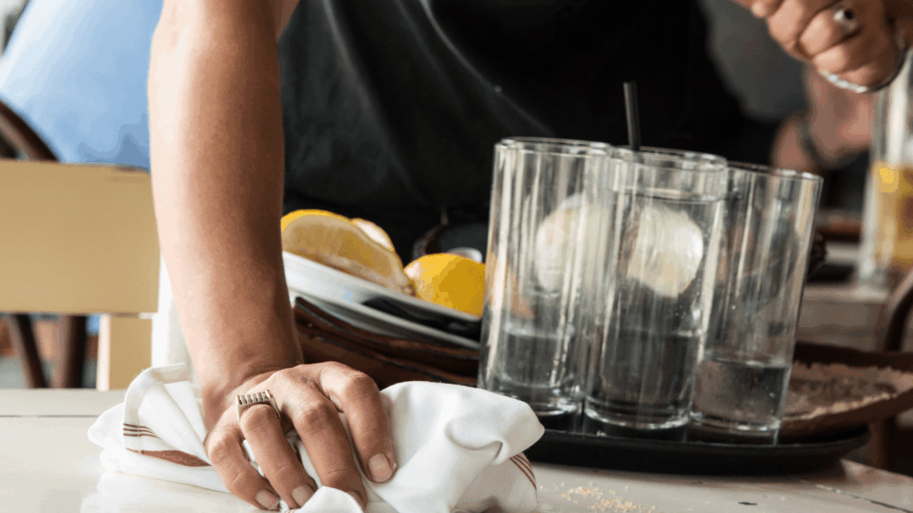 Server cleaning table with white cloth, holding tray of dishes